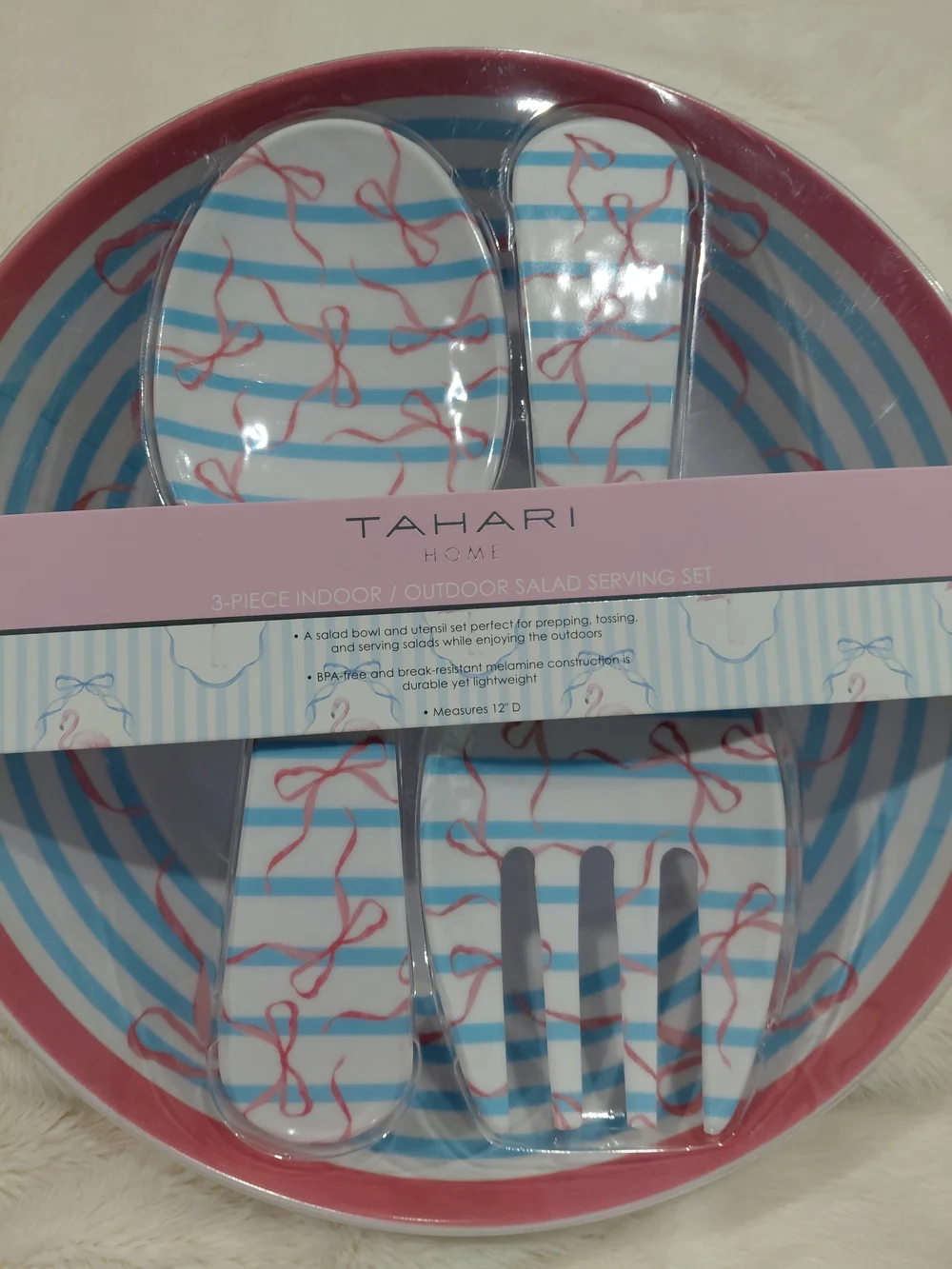NWT Tahari Pink & Blue Striped Salad Serving Set